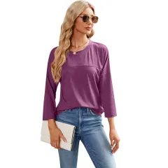 Solid Colour Women's Casual Round Neck Loose T-shirt - Wine Red - View 1