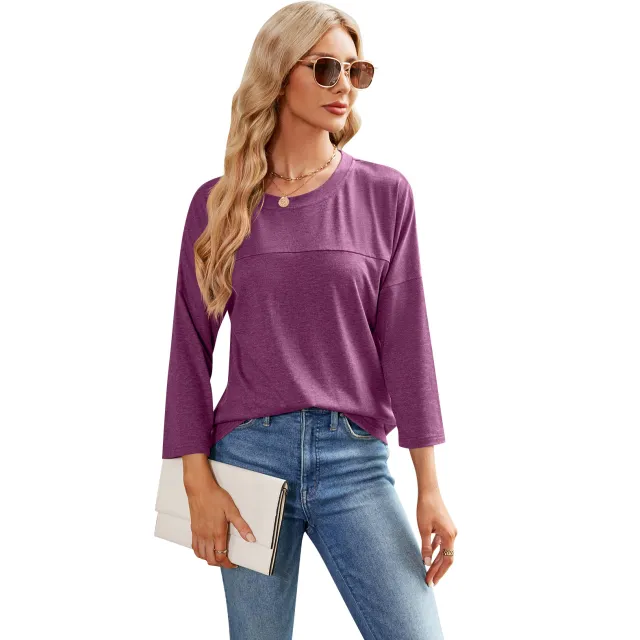 Solid Color Women's Casual Round Neck Loose T shirt Wine Red - Shop at LoveMi