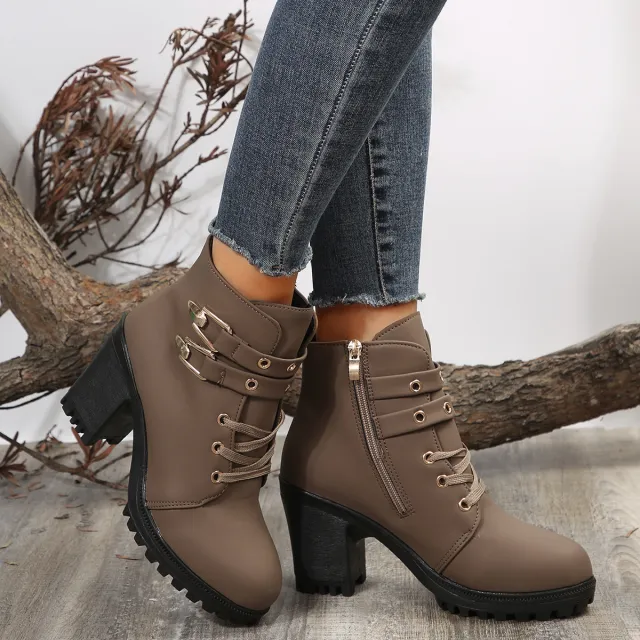 Autumn Round Head Chunky Heel High Heel Leisure Platform Lace Up Booties Khaki - Shop at LoveMi