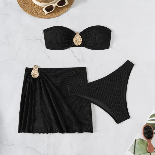 Hot Spring Vacation Beach Three piece Split Swimsuit Skirt Bikini For Women Black - Shop at LoveMi