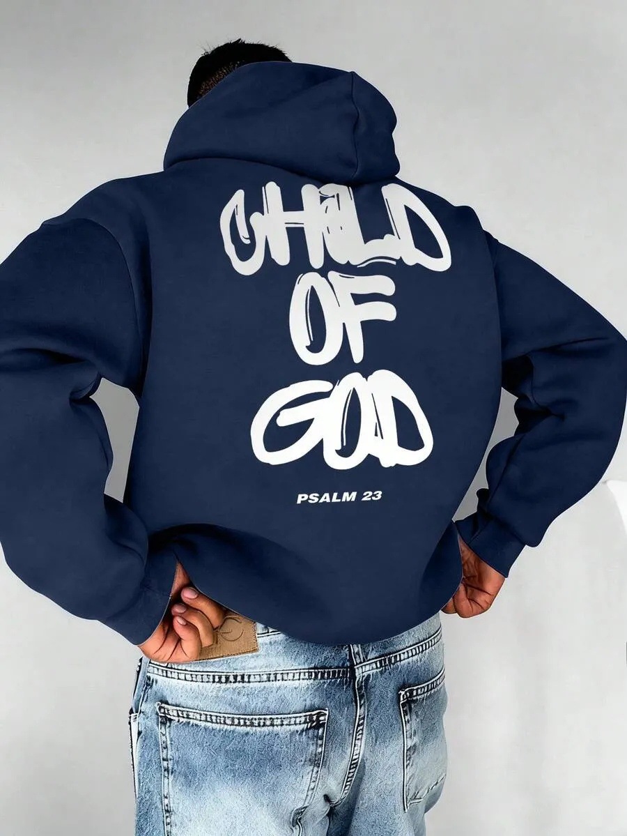 Mens Letter-Print Hoodie With Fleece-Lined Pullover Top