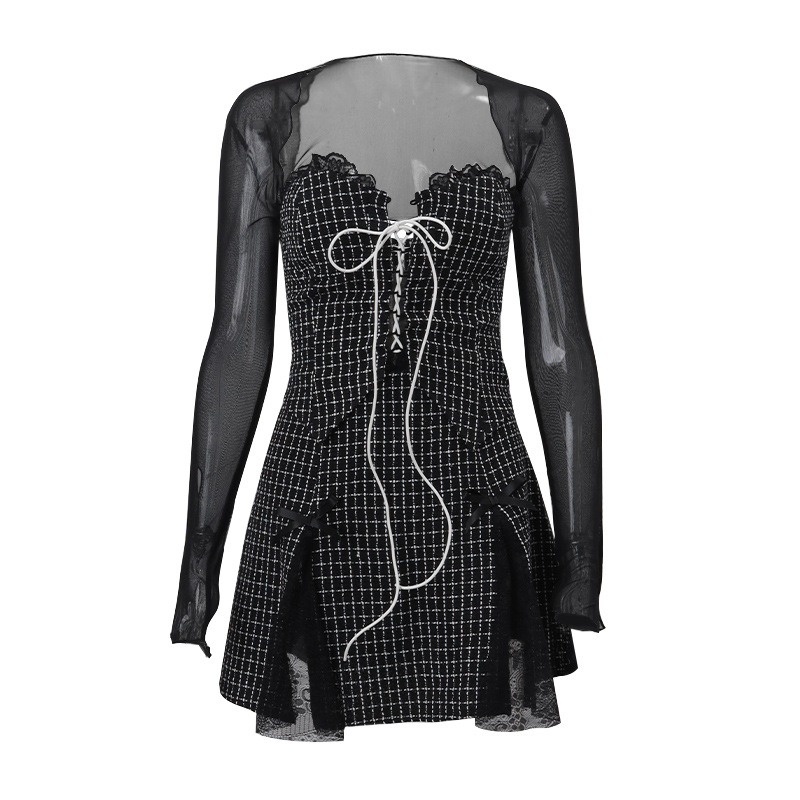 Winter New Mesh Long Sleeve Blouse Plaid Lace Vest Skirt Suit Women