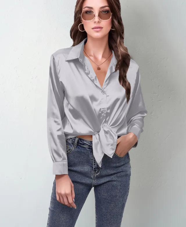Women's Silk like Long sleeved Shirt Top Gray - Shop at LoveMi