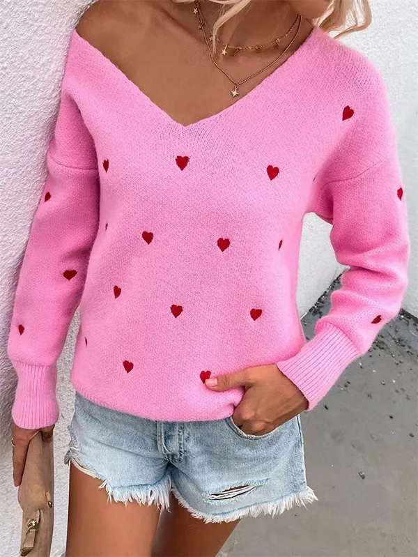 Women's Long sleeved Pullover Sweater Solid Color Heart shaped Jacquard Knitted Top Pink - Shop at LoveMi