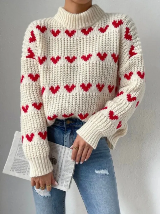 Loose Heart Jacquard Pullover Beige - Shop at LoveMi