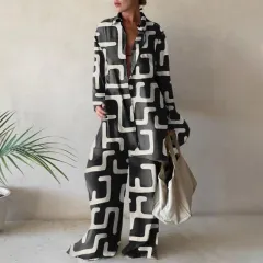 Fashion Printed Loose Long Sleeves Shirt Straight-leg Trousers Women's Suit - Geometric Black - View 1