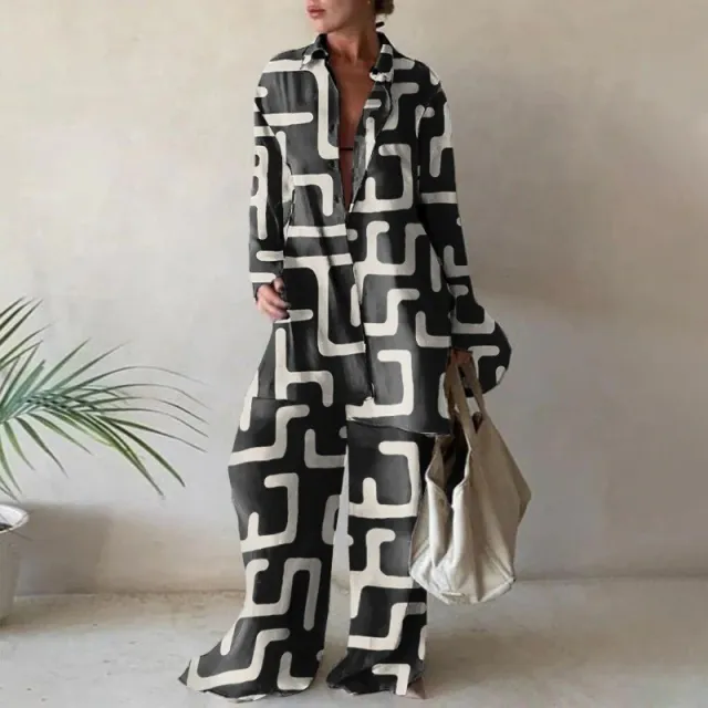Fashion Printed Loose Long Sleeves Shirt Straight leg Trousers Women's Suit Geometric Black - Shop at LoveMi