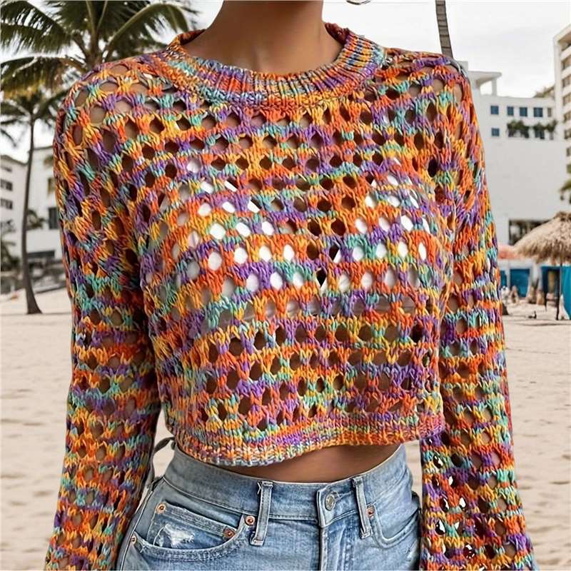 Iridescent Crew-neck Hollow-out Loose Cropped Top