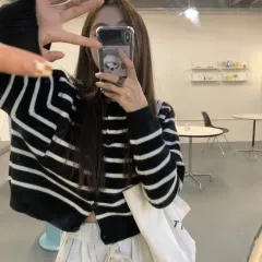 Green Striped Sweater Open Autumn Inner Wear Blouse Long Sleeve Cardigan Retro Cropped Sweater Coat Women - Black - View 1
