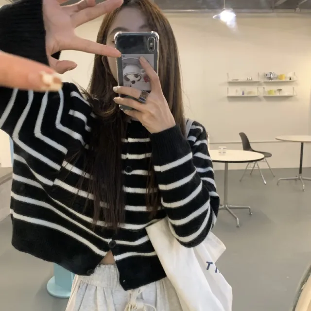 Green Striped Sweater Open Autumn Inner Wear Blouse Long Sleeve Cardigan Retro Cropped Sweater Coat Women Black Stripes - Shop at LoveMi