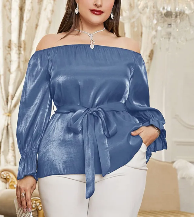 One shoulder Middle Eastern Lace Blouse Long Sleeve Haze Blue - Shop at LoveMi