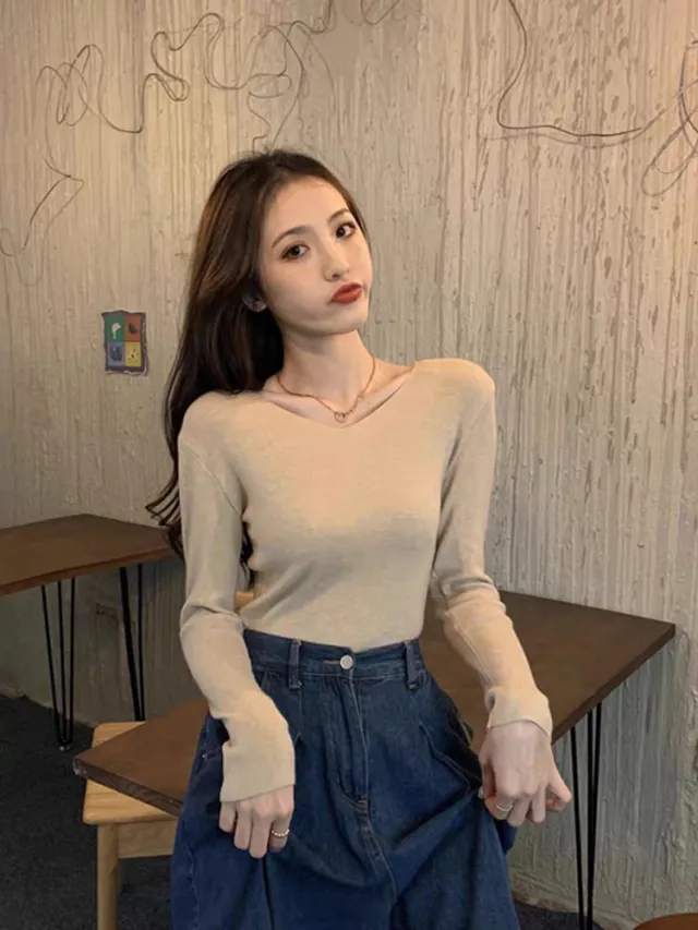 Core spun Yarn Slim V neck Long Sleeve Inner Wear Sweater Khaki - Shop at LoveMi