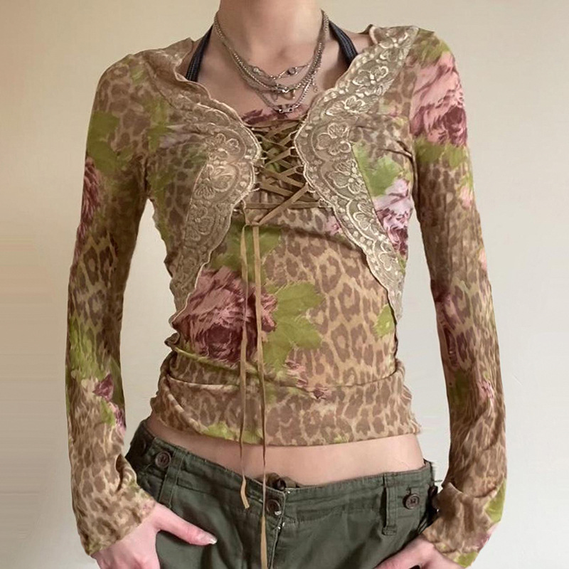 Hot Girl Vintage Leopard Print Versatile Knitted Top