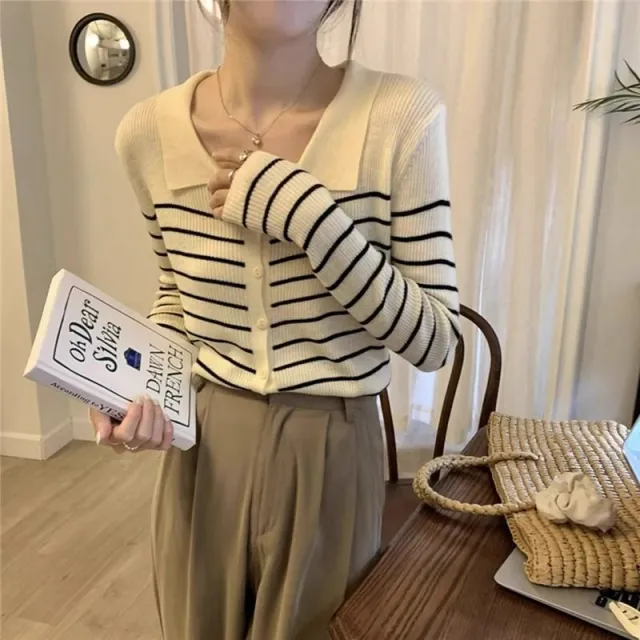 Women's Black And White Autumn Striped Sweater Top Apricot - Shop at LoveMi