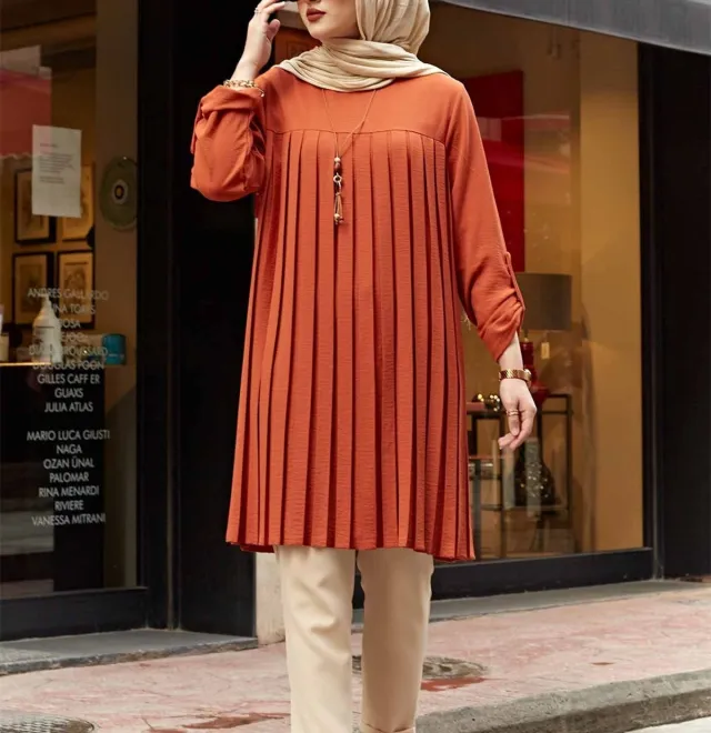 Muslim Women's Wear Casual Pleated Loose Long Sleeve Round Neck Plus Size Top Orange - Shop at LoveMi