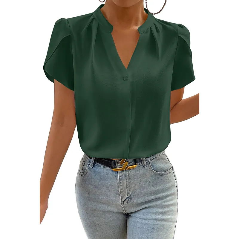 Solid Color Pullover V-neck Chiffon Shirt For Women - Lc25125099P309-S