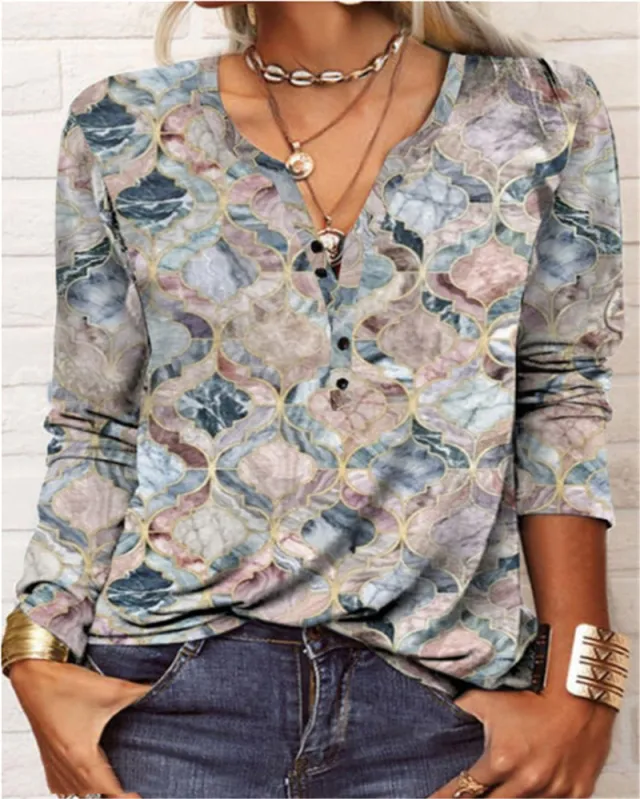Women's Casual Ethnic Style V neck Long sleeved T shirt 5 Colors Xl - Shop at LoveMi