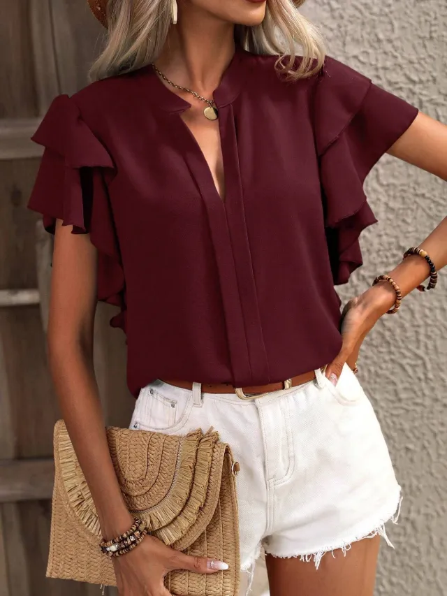 Casual Summer V neck Solid Color Shirt Top Wine - Shop at LoveMi