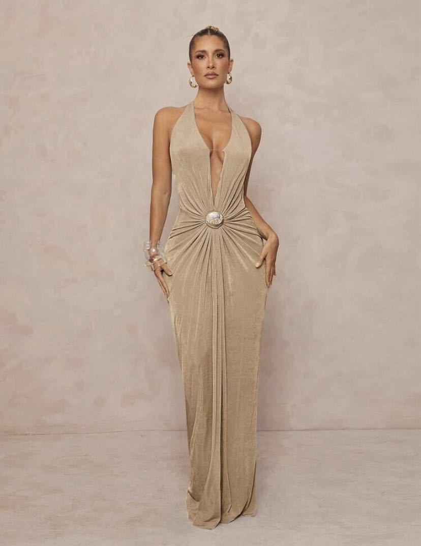 Deep V neck Halter Dress With Open Back For Beach Vacations Khaki - Shop at LoveMi