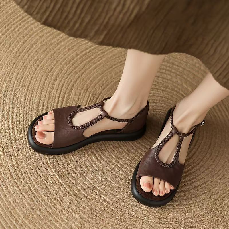 Womens Fashionable Flat And Mid Heel T Strap Sandals