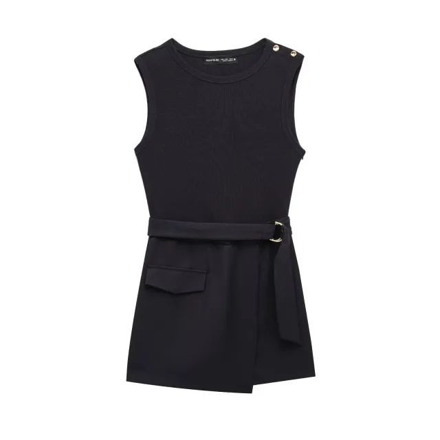 European And American Style Slim Fit With Belt Stitching One piece Culotte Black - Shop at LoveMi