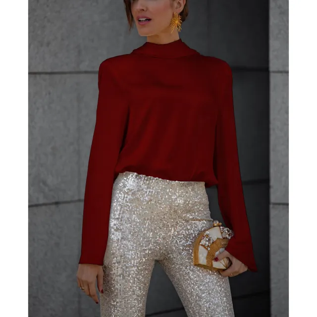 Women's Casual Loose Satin Long sleeved Scarf Shirt Wine - Shop at LoveMi