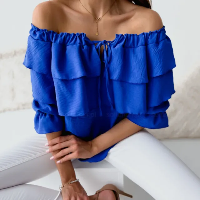 Women's Off neck Pullover Chiffon Tied Lotus Leaf Short Sleeve Blue - Shop at LoveMi