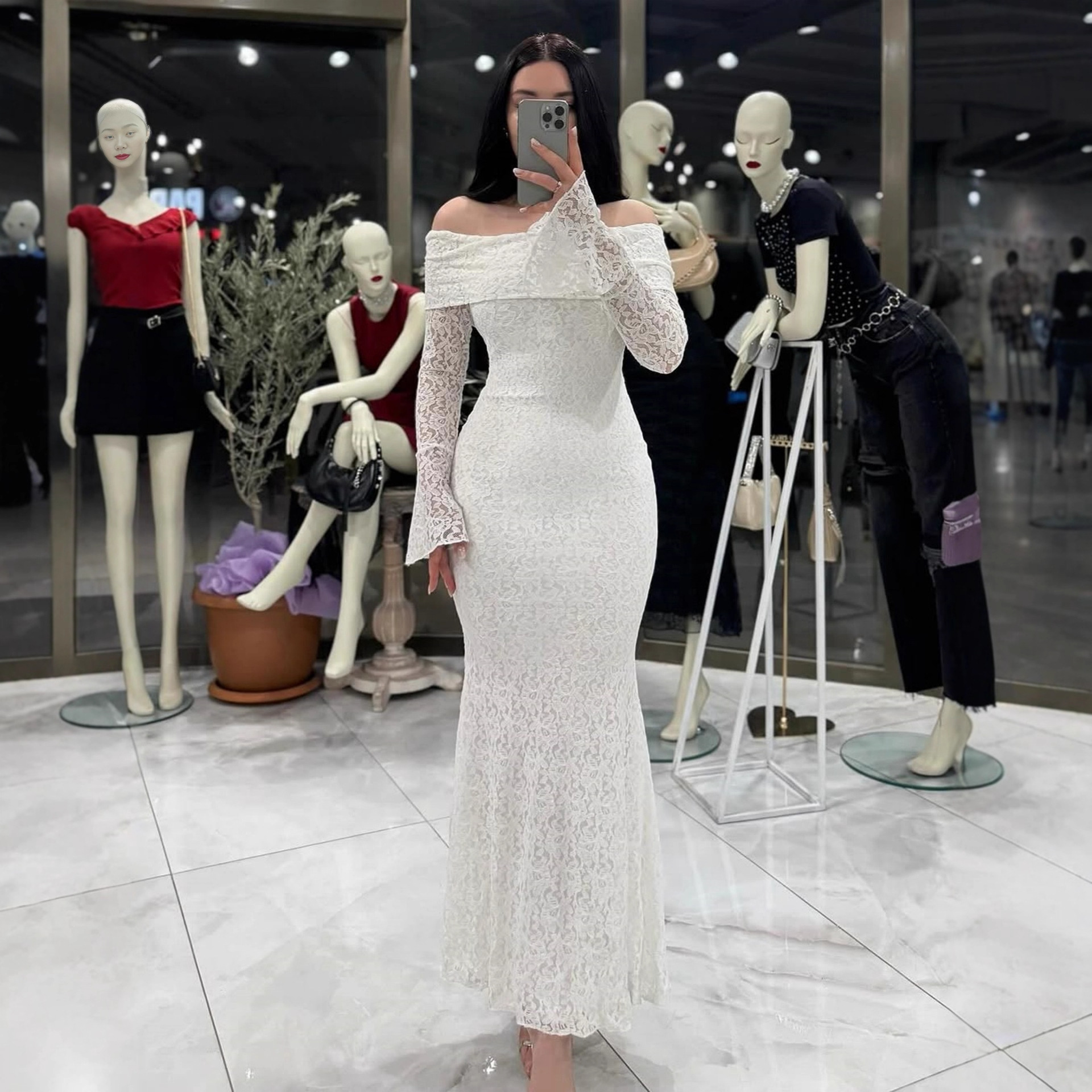 Autumn New Sexy Lace Tube Top Long-Sleeve Dress