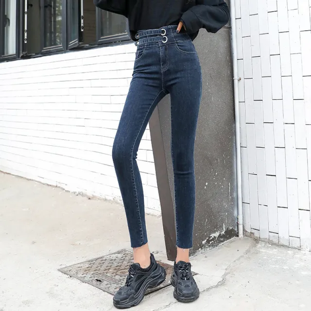 Double Breasted Stretch Tight Belly Trimming Slimming Ankle Tight Pants Cotton Blue And Gray Trousers - Shop at LoveMi