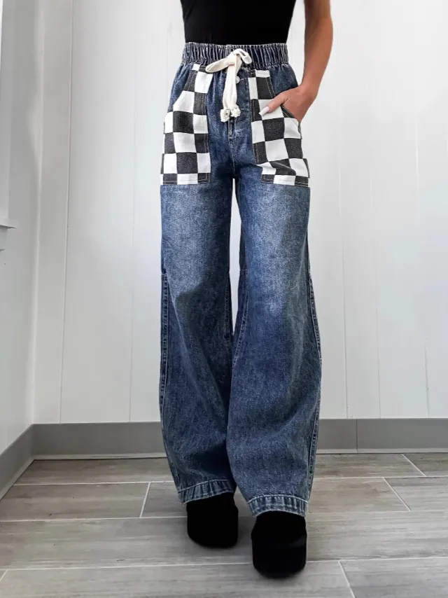 Loose Plaid Contrast Color Women's Denim Trousers Blue - Shop at LoveMi