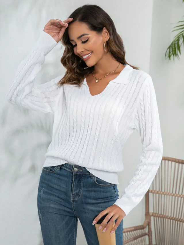 Women's Pullover Loose fitting Long Sleeves Lapel Twist Sweater White - Shop at LoveMi