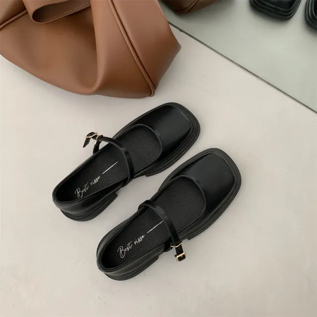 Women's Platform Leather Shoes Round Head British Style Buckle Pearl Black - Shop at LoveMi