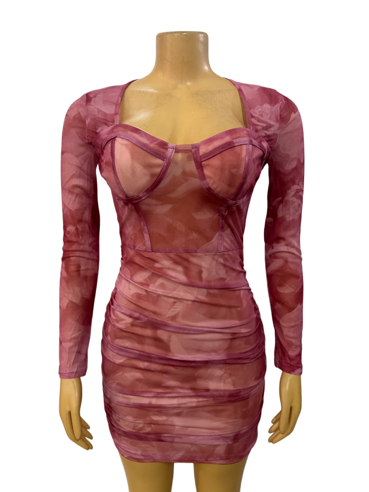 Sheer See through Low cut Sexy Pleated Long sleeve Bodycon Dress Picture Color - Shop at LoveMi