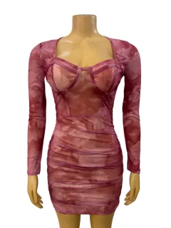 Sheer See-through Low-cut Sexy Pleated Long-sleeve Bodycon Dress - View 1