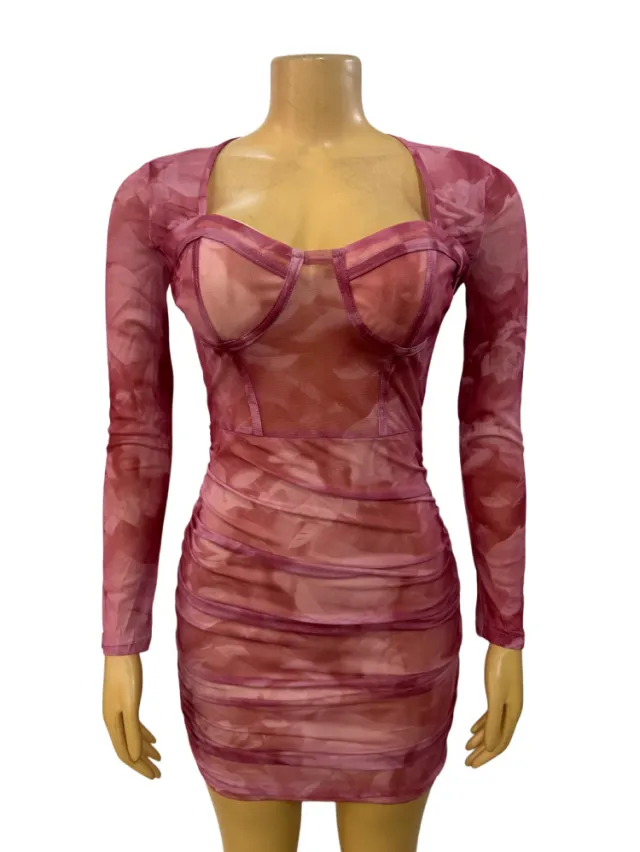 Sheer See through Low cut Sexy Pleated Long sleeve Bodycon Dress - Shop at LoveMi