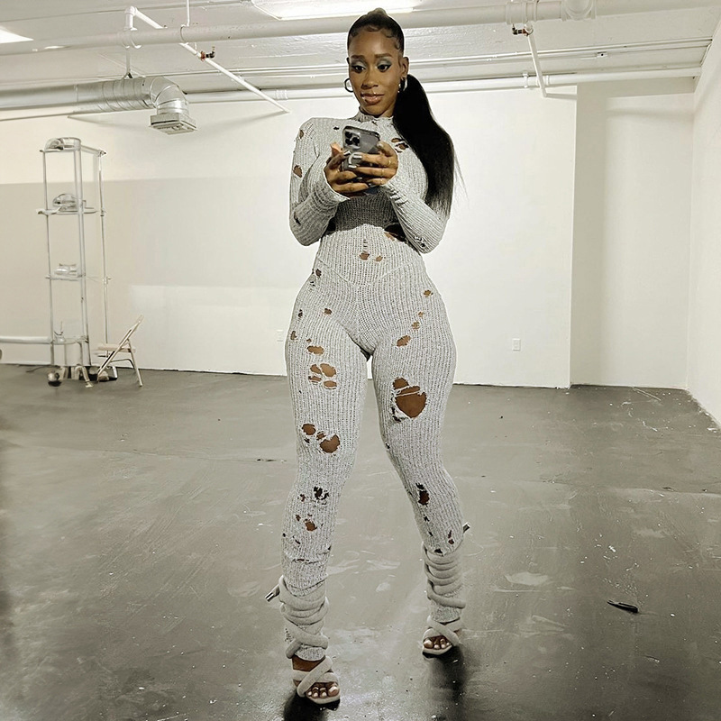 Autumn Women's Fashion Casual Knitted Ripped Hollow out Tight Jumpsuit Gray - Shop at LoveMi