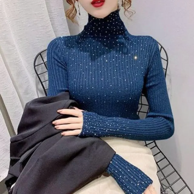 Thickened Starry Rhinestone Knitted Sweater Blue Rhinestone Style - Shop at LoveMi