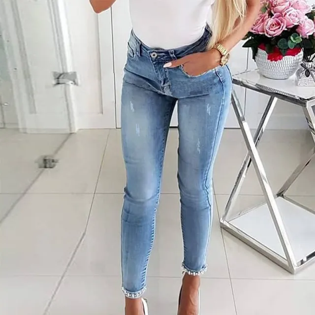 Slim Jeans Women Butterfly Sticky Flower Beaded Split Trousers Light Blue - Shop at LoveMi