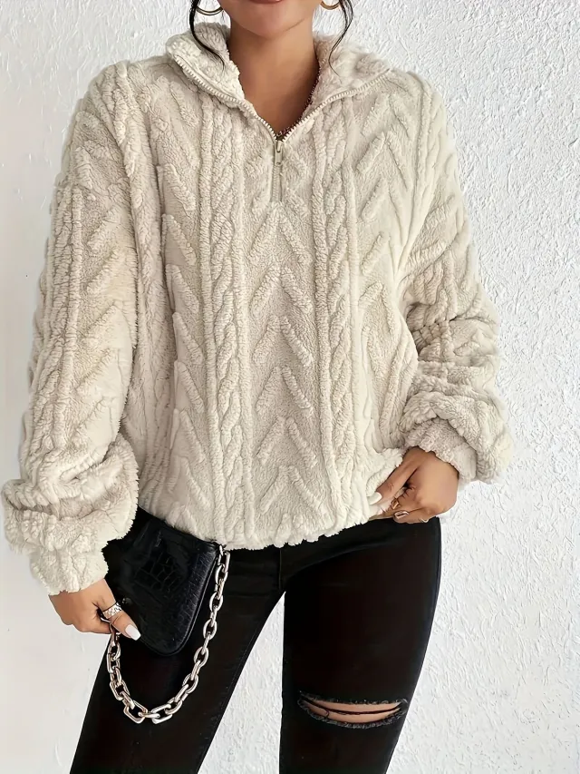 Double sided Plush Latte Art Casual Zipper Pullover Top Apricot - Shop at LoveMi