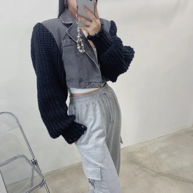 Women's Autumn Retro Minority Patchwork Knitting Denim Coat Black - Shop at LoveMi
