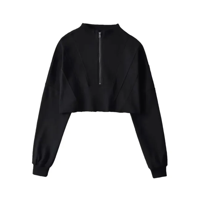 Half Loose Zip Sweater Women's Solid Color Short Black - Shop at LoveMi