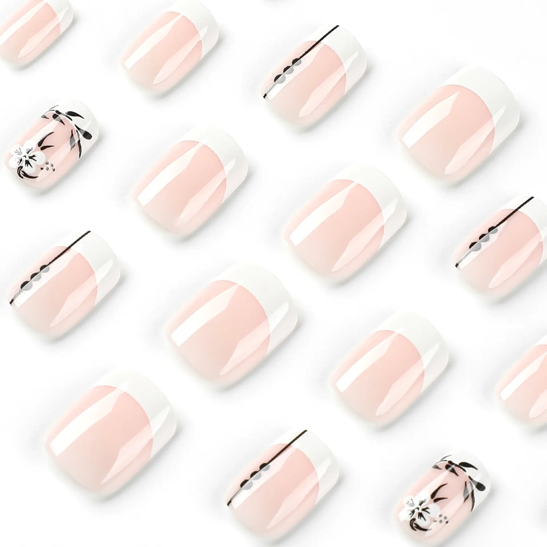 French Flower Black Leaf Short Manicure Wear Nail Tip