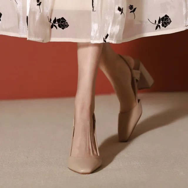Closed Toe Back Empty High Heel Cool Pumps Full Leather Apricot - Shop at LoveMi