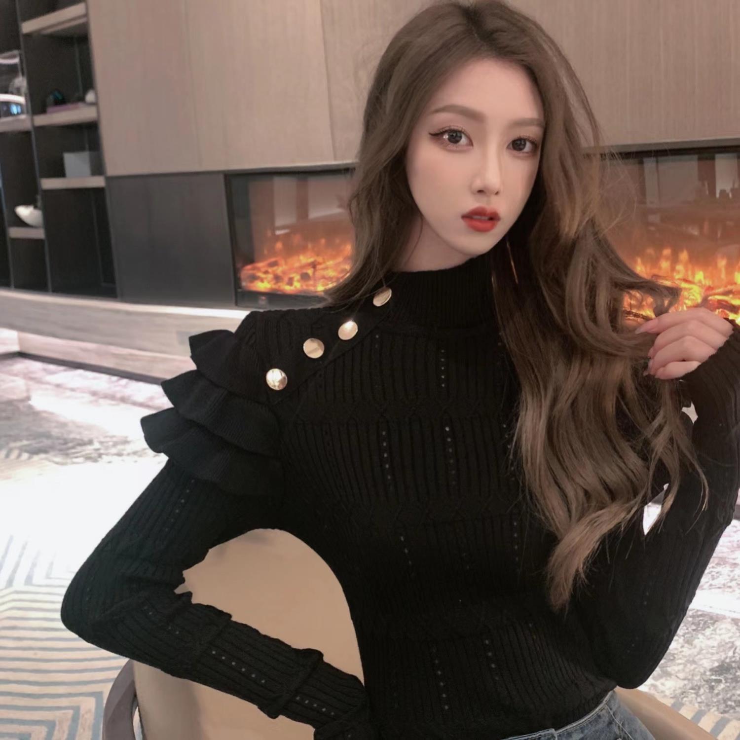 Design Sense Niche Laminated Lace Knitted Mock Neck Sweater