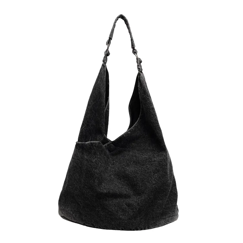 Casual Large Capacity Denim Shoulder Tote Bag - Black