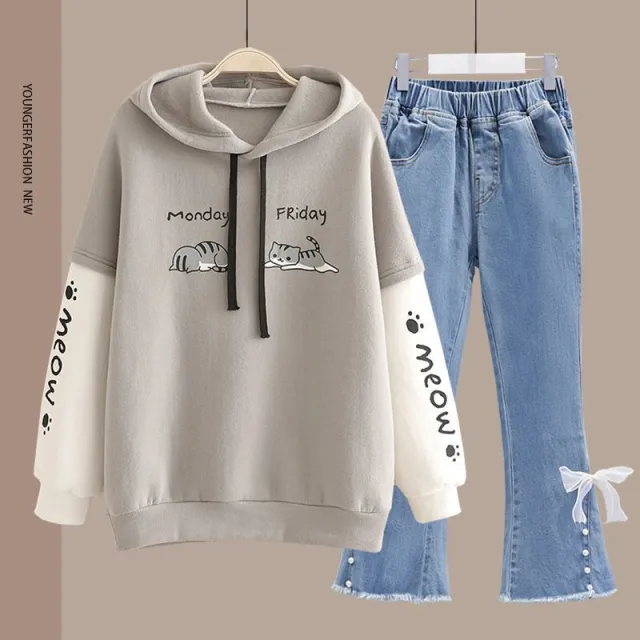 Spring Women's Clothing Student Hoodie Set Preppy style Straight leg Pants Gray Flare Pants - Shop at LoveMi