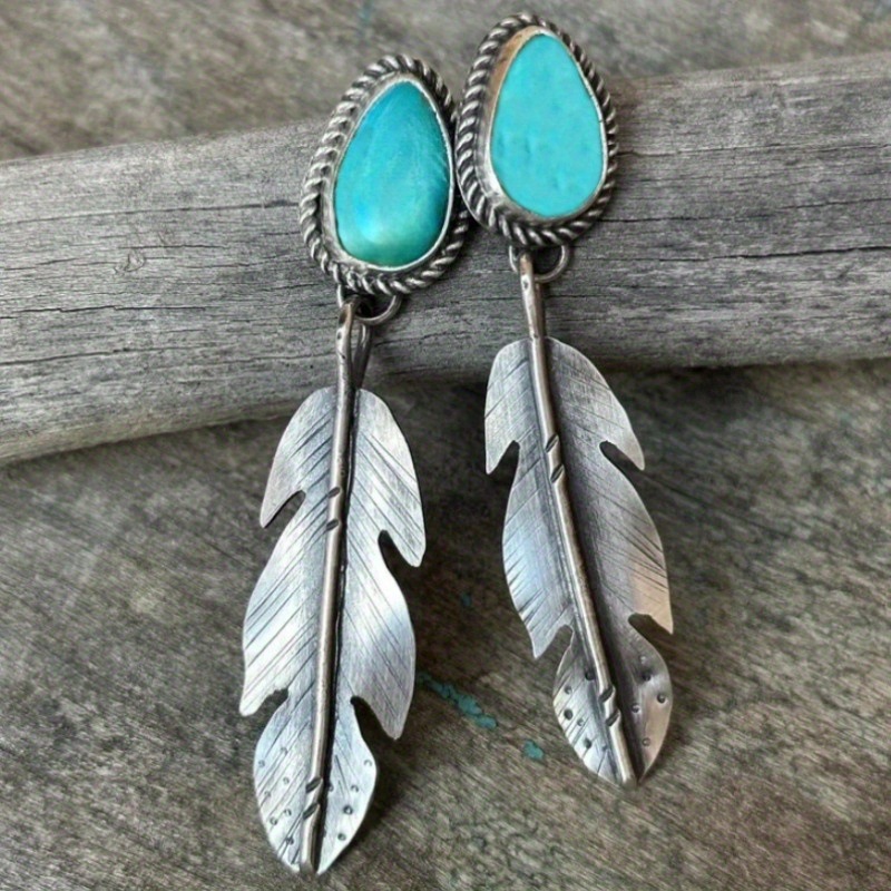 Ethnic-style Retro Feather Pendant Earrings With Turquoise For Women