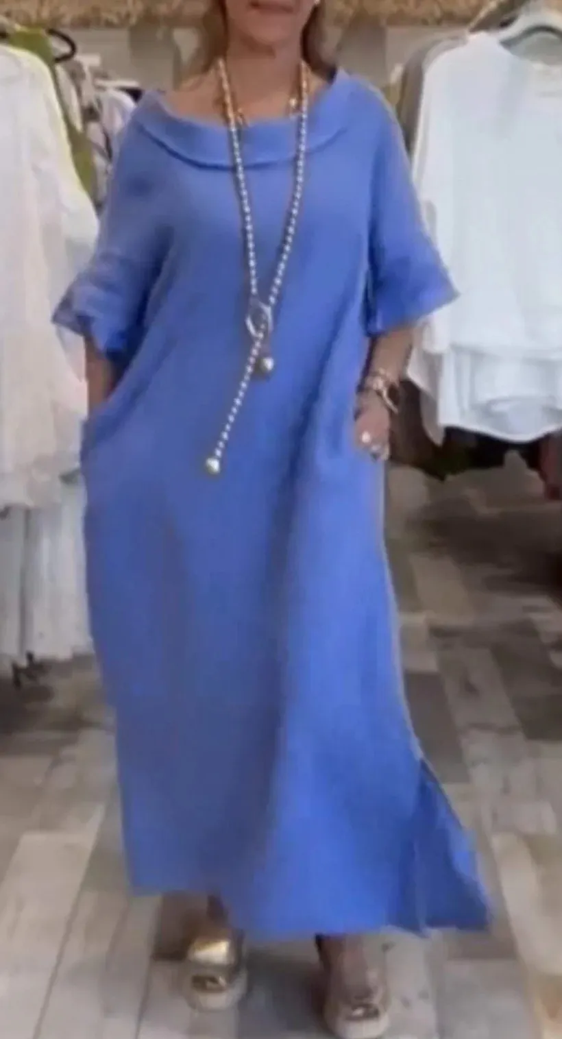 Women's Cotton And Linen Summer Clothing Casual Long Dress - Sapphire Blue