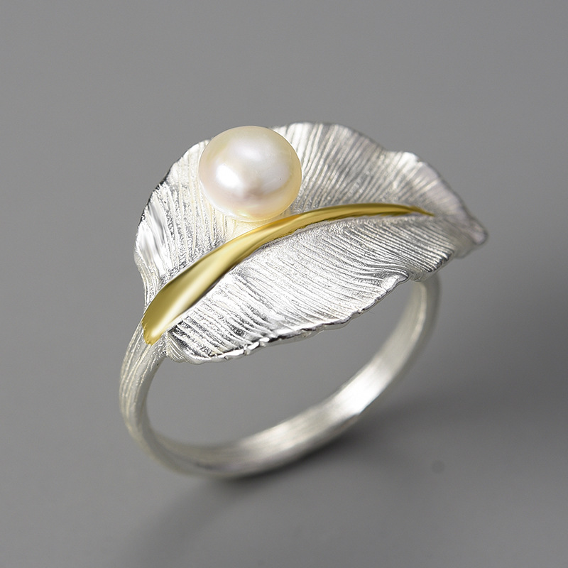 Leaf Pearl Sterling Silver S925 Women's Ring Artistic Crafts Natural
