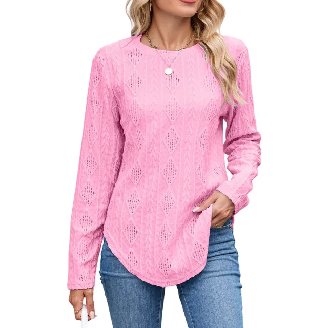 European And American Leisure Round Neck Long Sleeve Curved Hem T shirt Pink - Shop at LoveMi